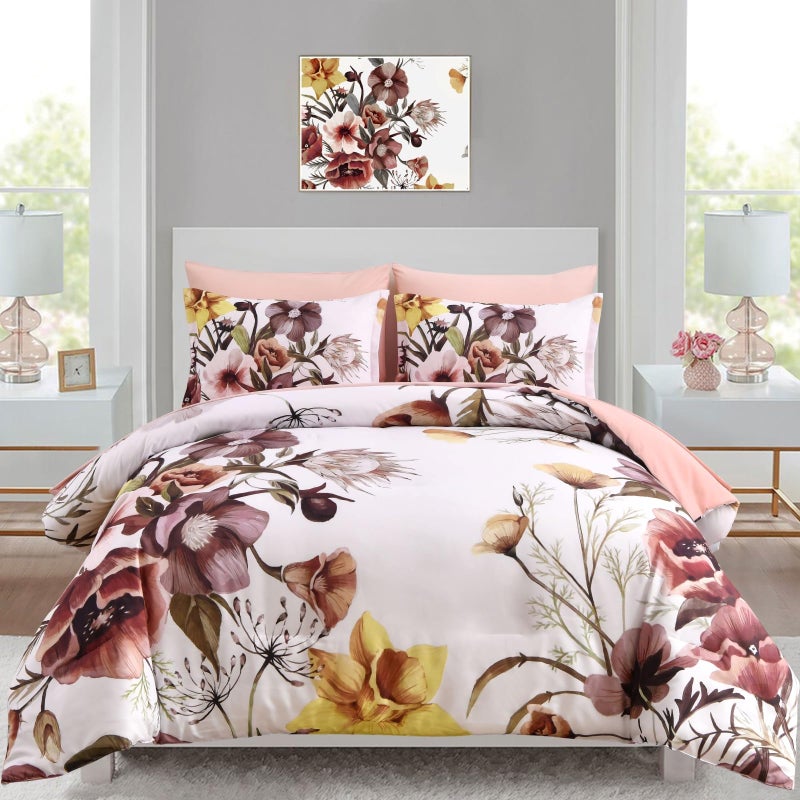 Luxudecor Floral Comforter Set King Size 7 Piece  Blush Flower Bed in a Bag  Elegant Floral Comforter with Sheet Set  Soft Microfiber Bedding Set for All Season (Blush  104""x90"") - Image 1